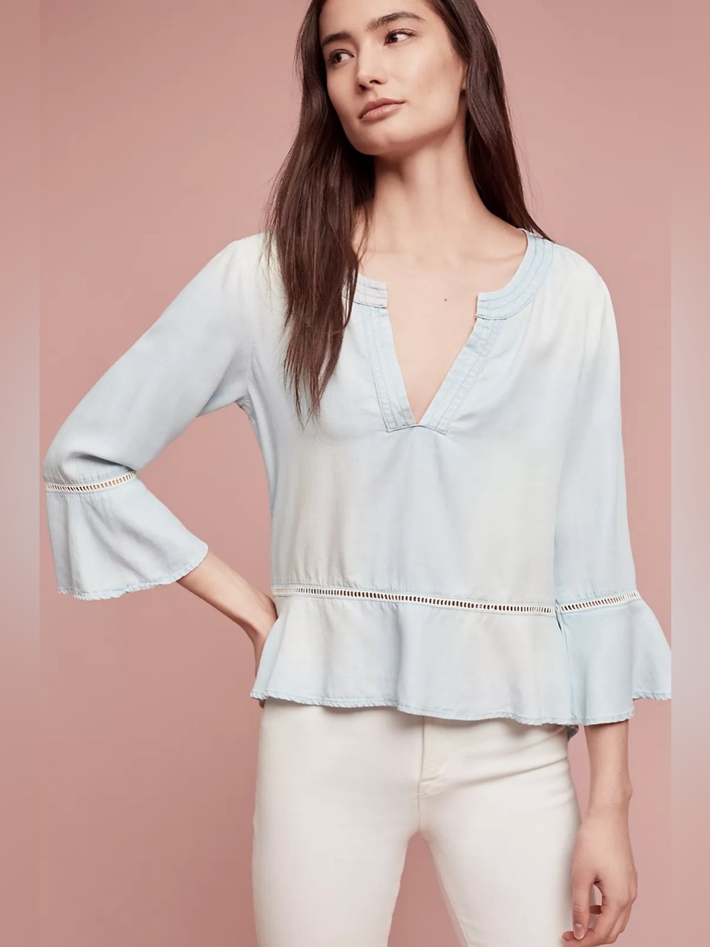Anthropologie Cloth & Stone Washed Aria Henley Bell Sleeves Boho Cottagecore NWT